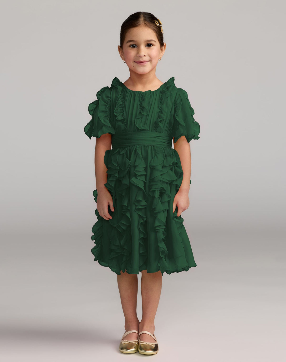 Girls Green Chiffon High Neck Ruffle Dress