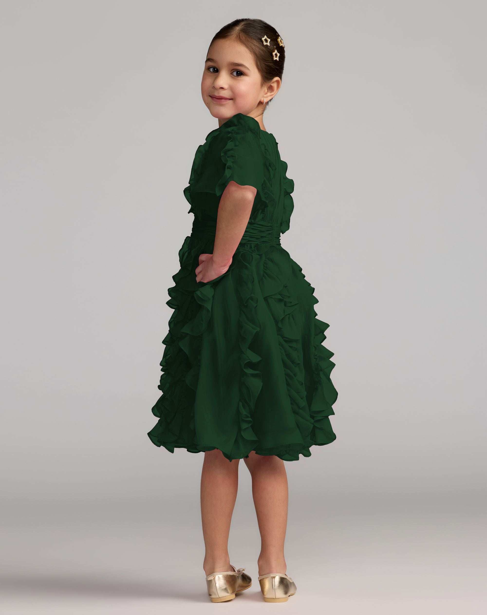 Girls Green Chiffon High Neck Ruffle Dress