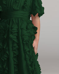 Girls Green Chiffon High Neck Ruffle Dress