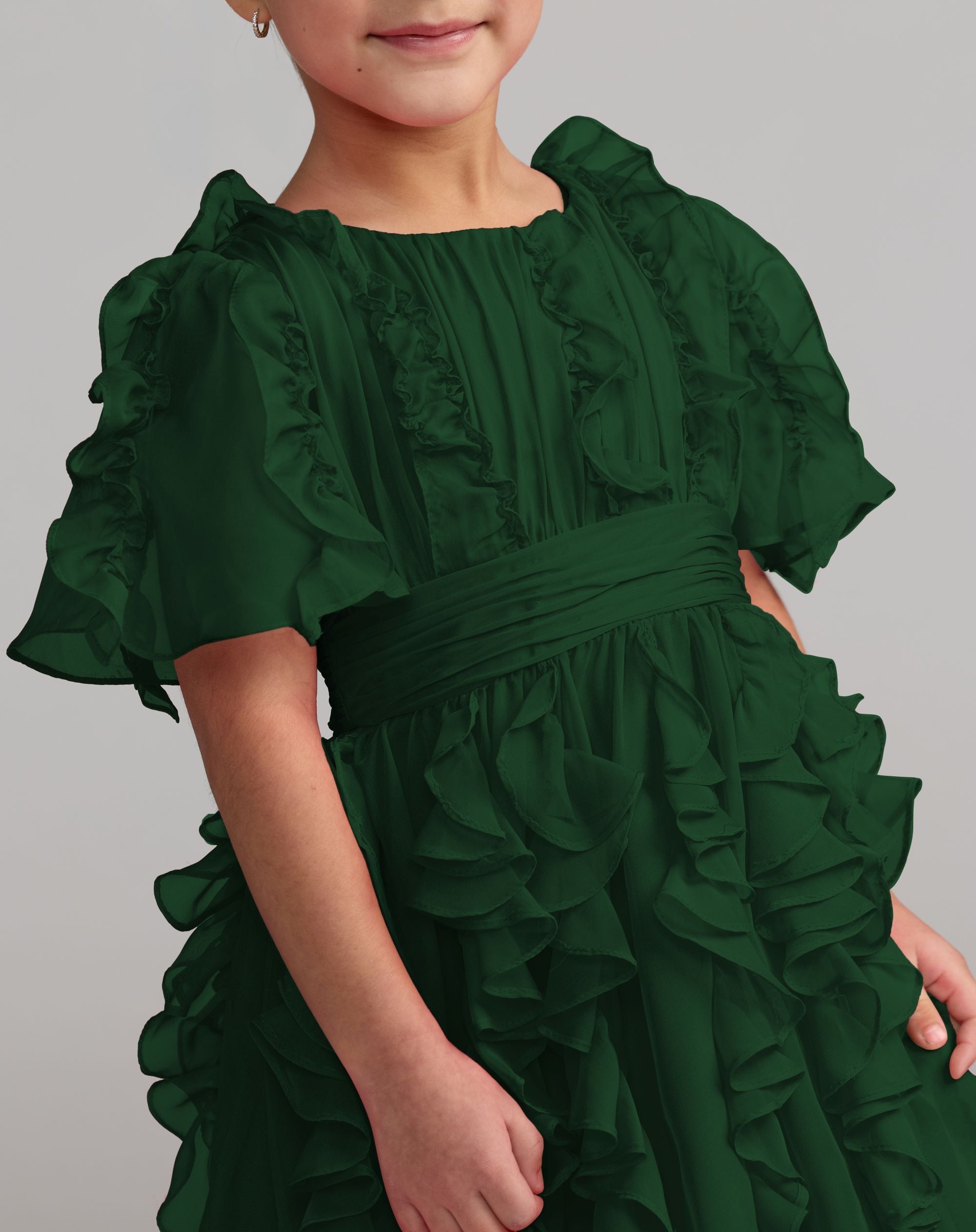Girls Green Chiffon High Neck Ruffle Dress