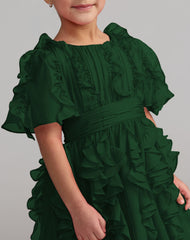 Girls Green Chiffon High Neck Ruffle Dress