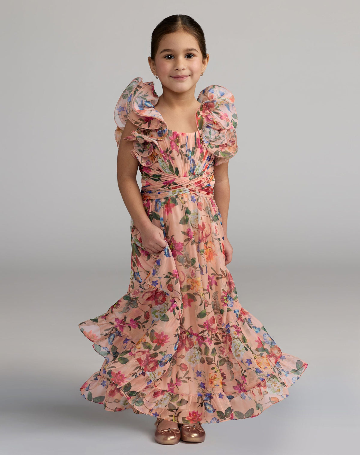Girls Pink Floral Chiffon Ruffle Shoulder Dress