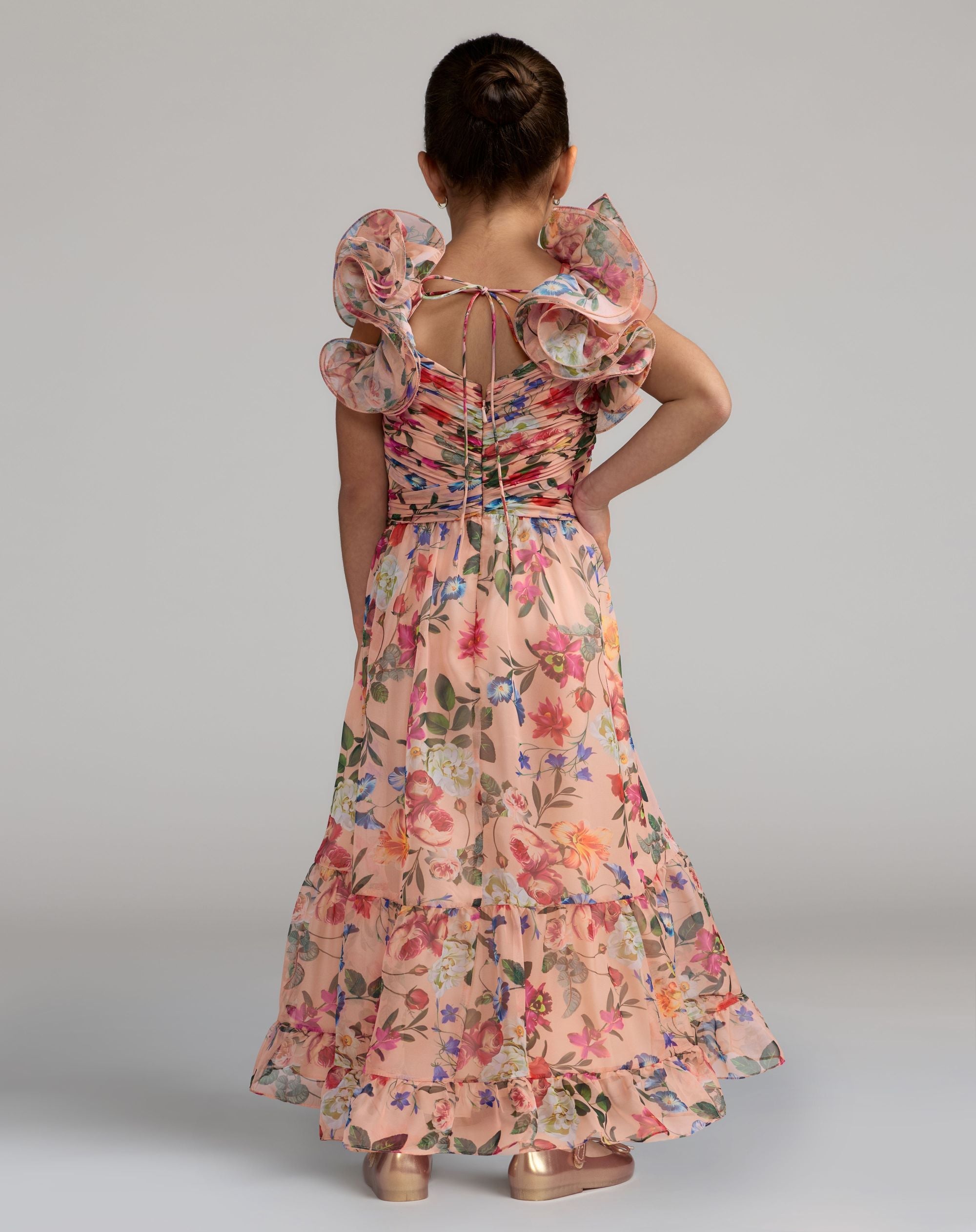 Girls Pink Floral Chiffon Ruffle Shoulder Dress