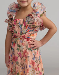 Girls Pink Floral Chiffon Ruffle Shoulder Dress