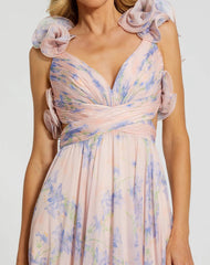 Light Pink Ruffle Tiered Cut-Out Chiffon Floral Gown