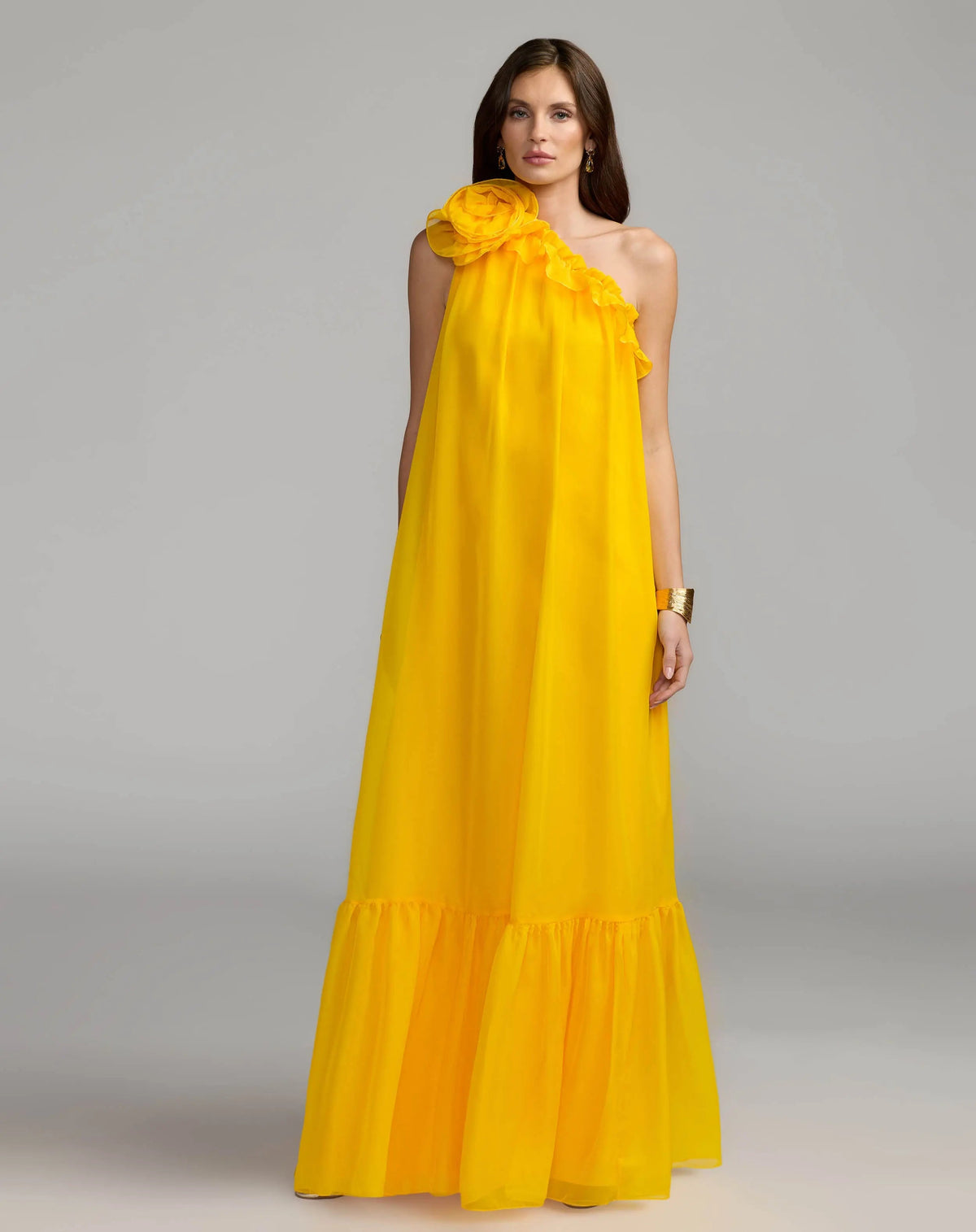 One Shoulder Chiffon Gown With 3D Rosette