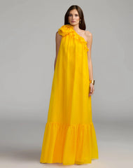 One Shoulder Chiffon Gown With 3D Rosette