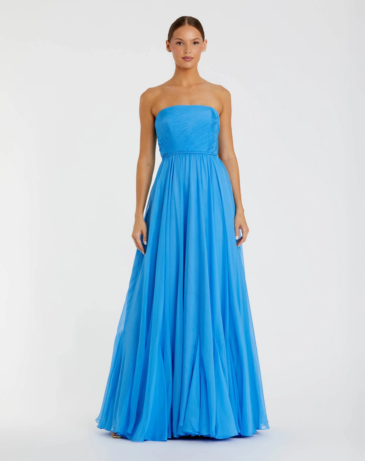 Blue Strapless Chiffon Gown With Braided Belt