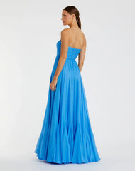 Blue Strapless Chiffon Gown With Braided Belt