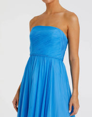 Blue Strapless Chiffon Gown With Braided Belt