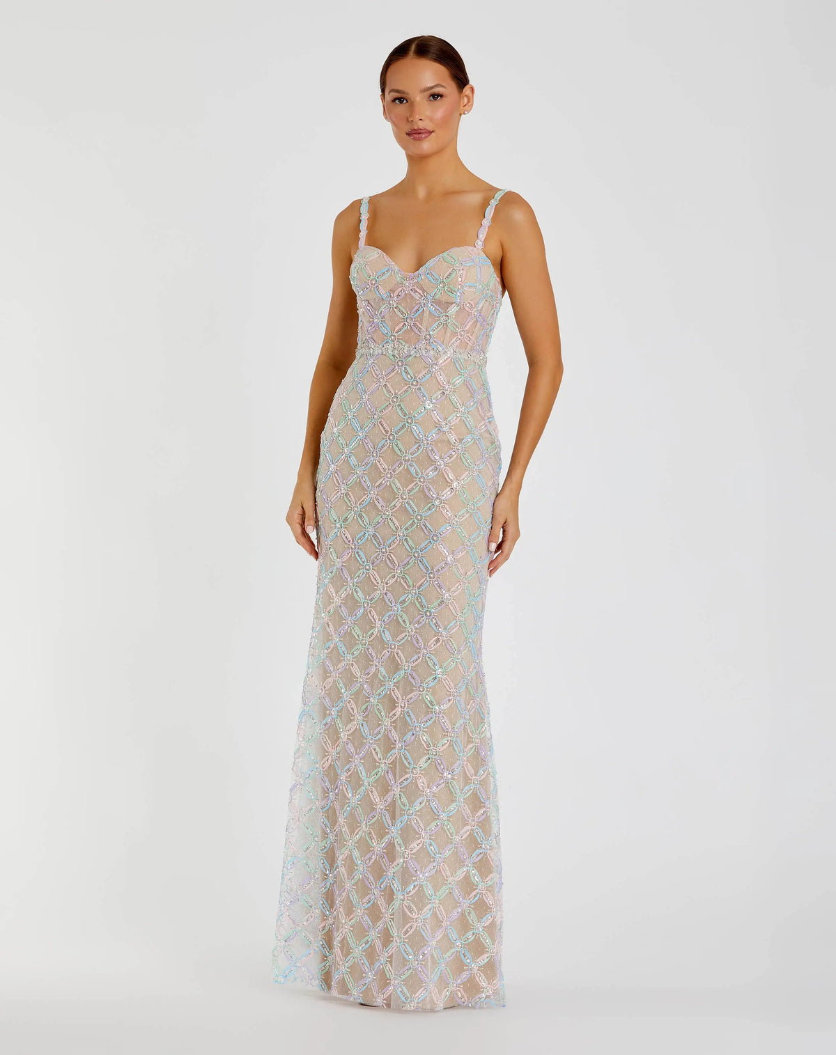 Nude Pearl Embellished Bustier Column Gown