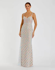 Nude Pearl Embellished Bustier Column Gown