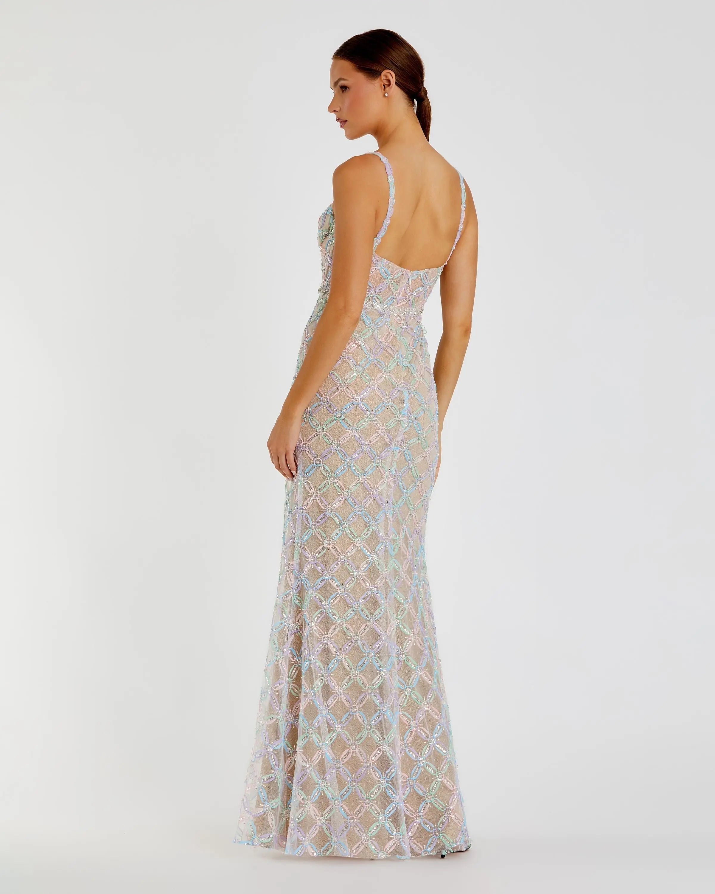 Nude Pearl Embellished Bustier Column Gown