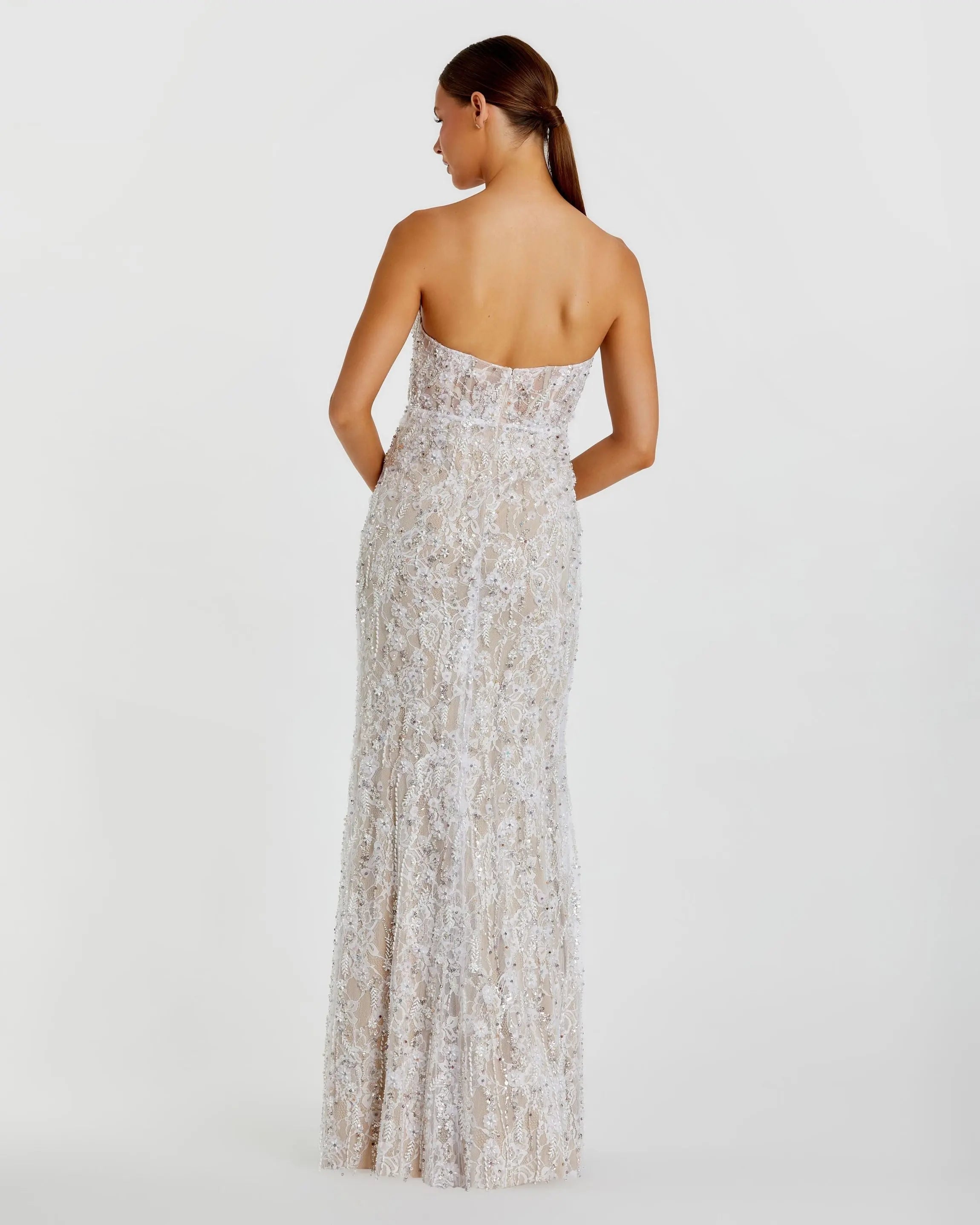 Ivory Embellished Lace Strapless Bustier Gown