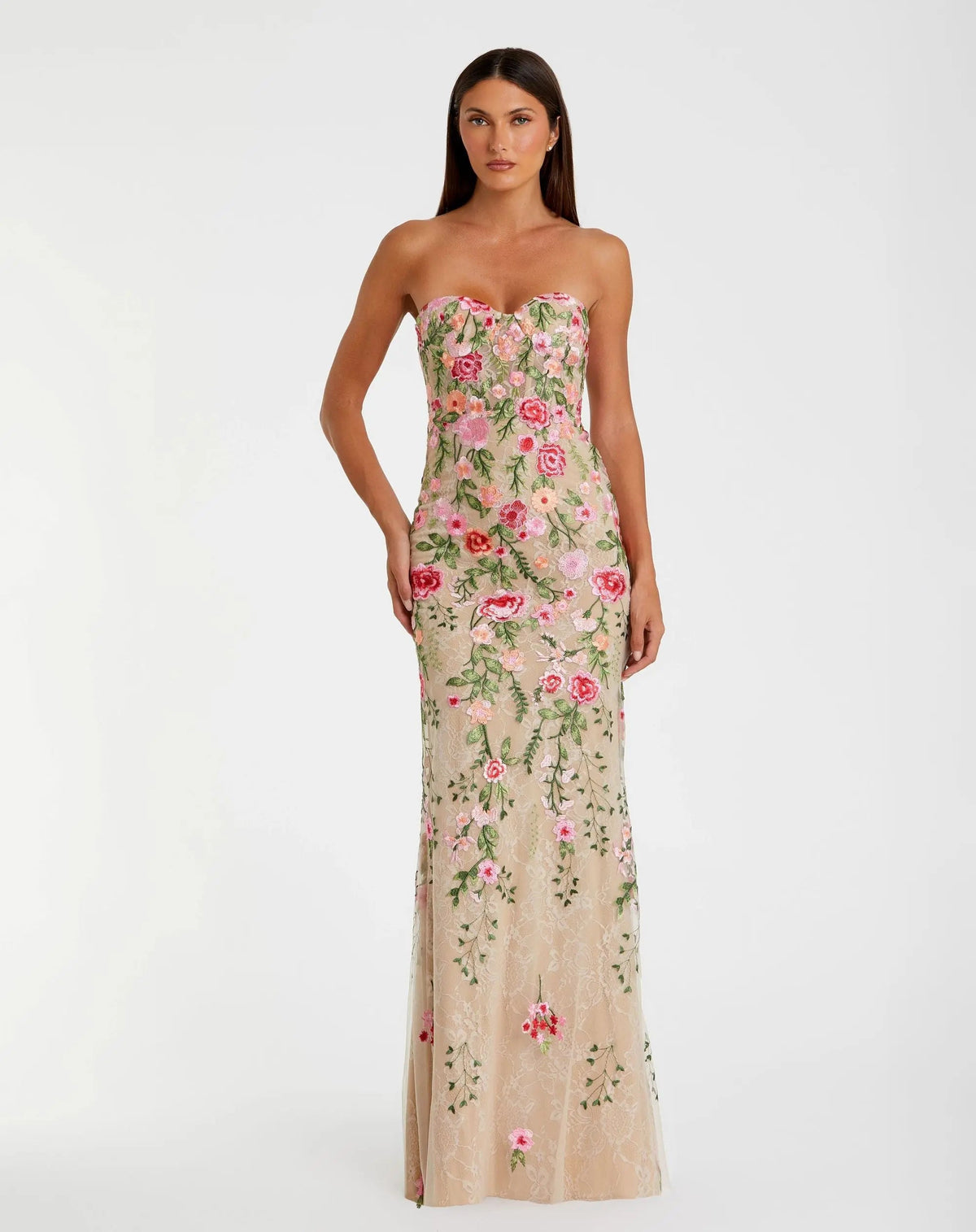 Beige Floral Embroidered Strapless Bustier Gown