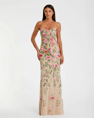 Beige Floral Embroidered Strapless Bustier Gown