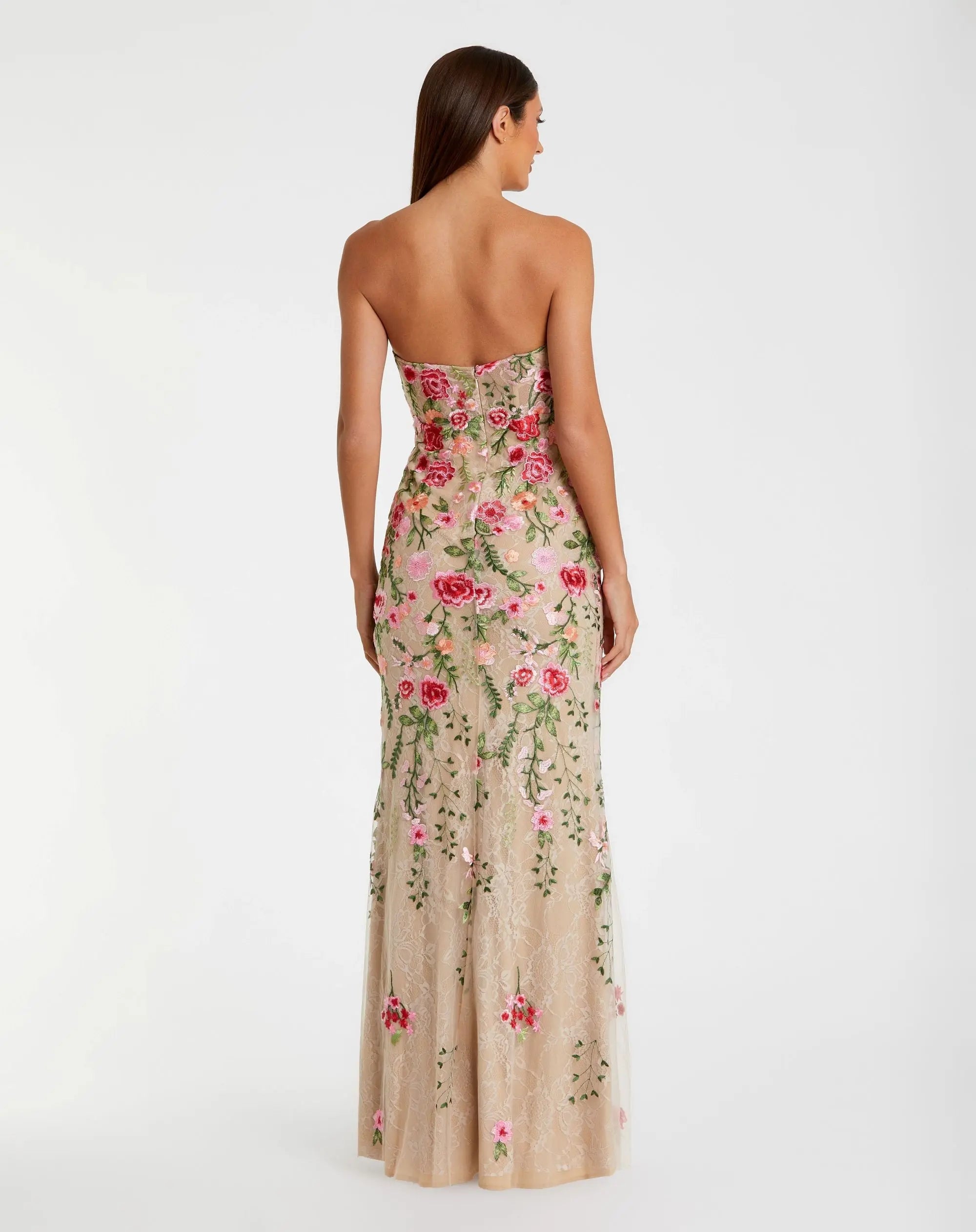 Beige Floral Embroidered Strapless Bustier Gown