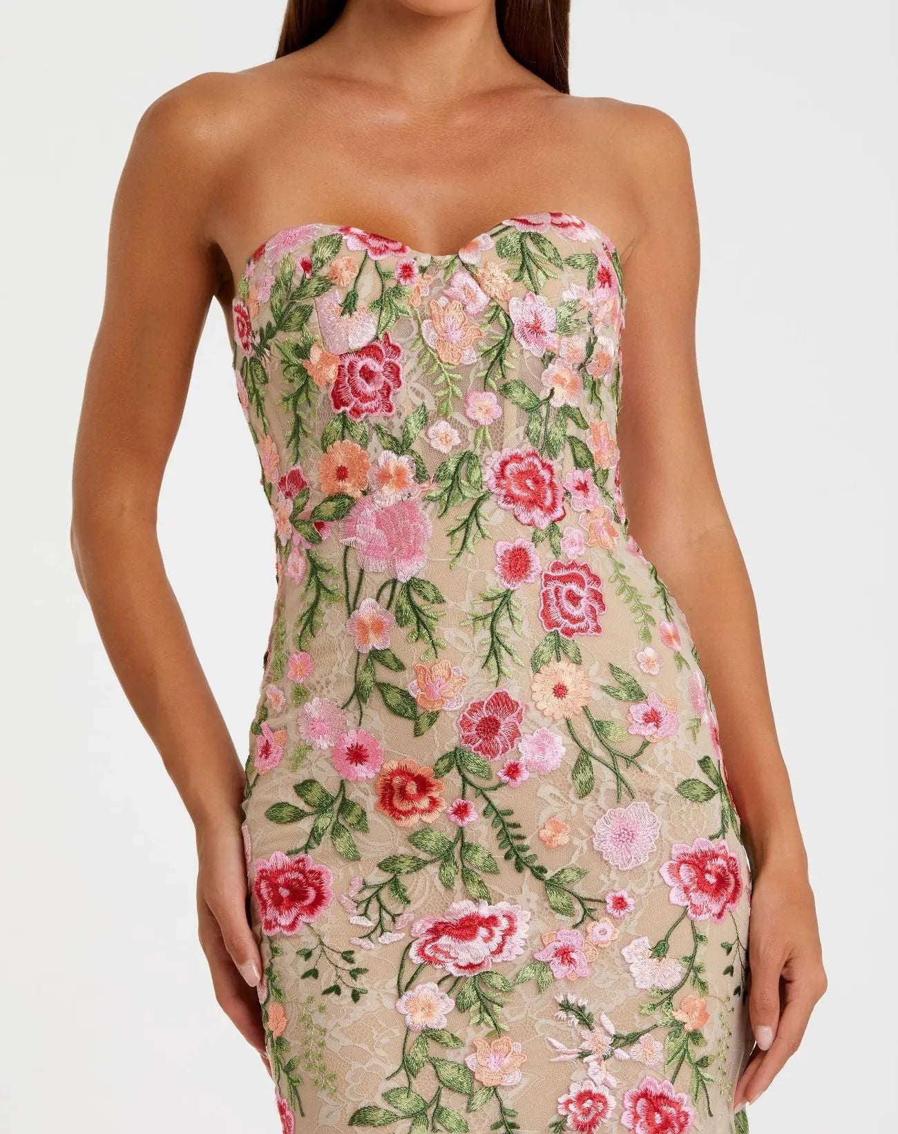 Beige Floral Embroidered Strapless Bustier Gown