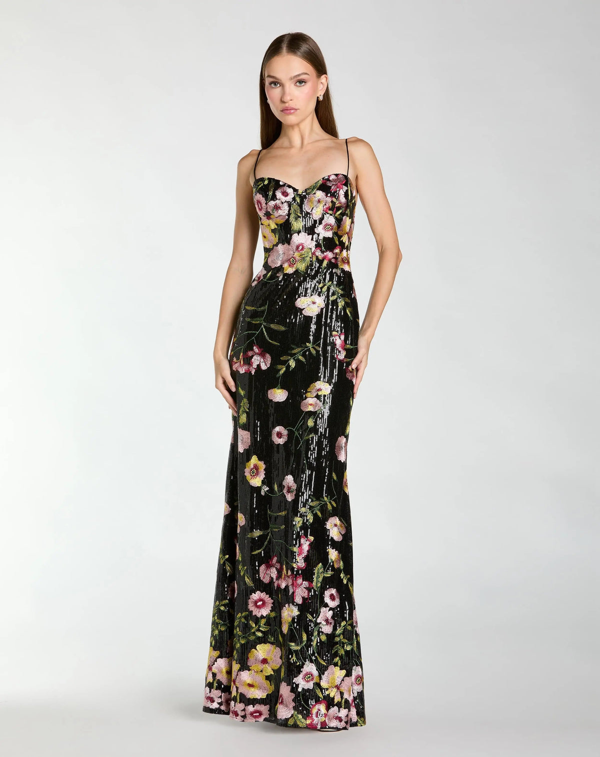 Black Sleeveless Bustier Floral Applique Gown