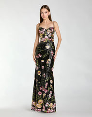 Black Sleeveless Bustier Floral Applique Gown