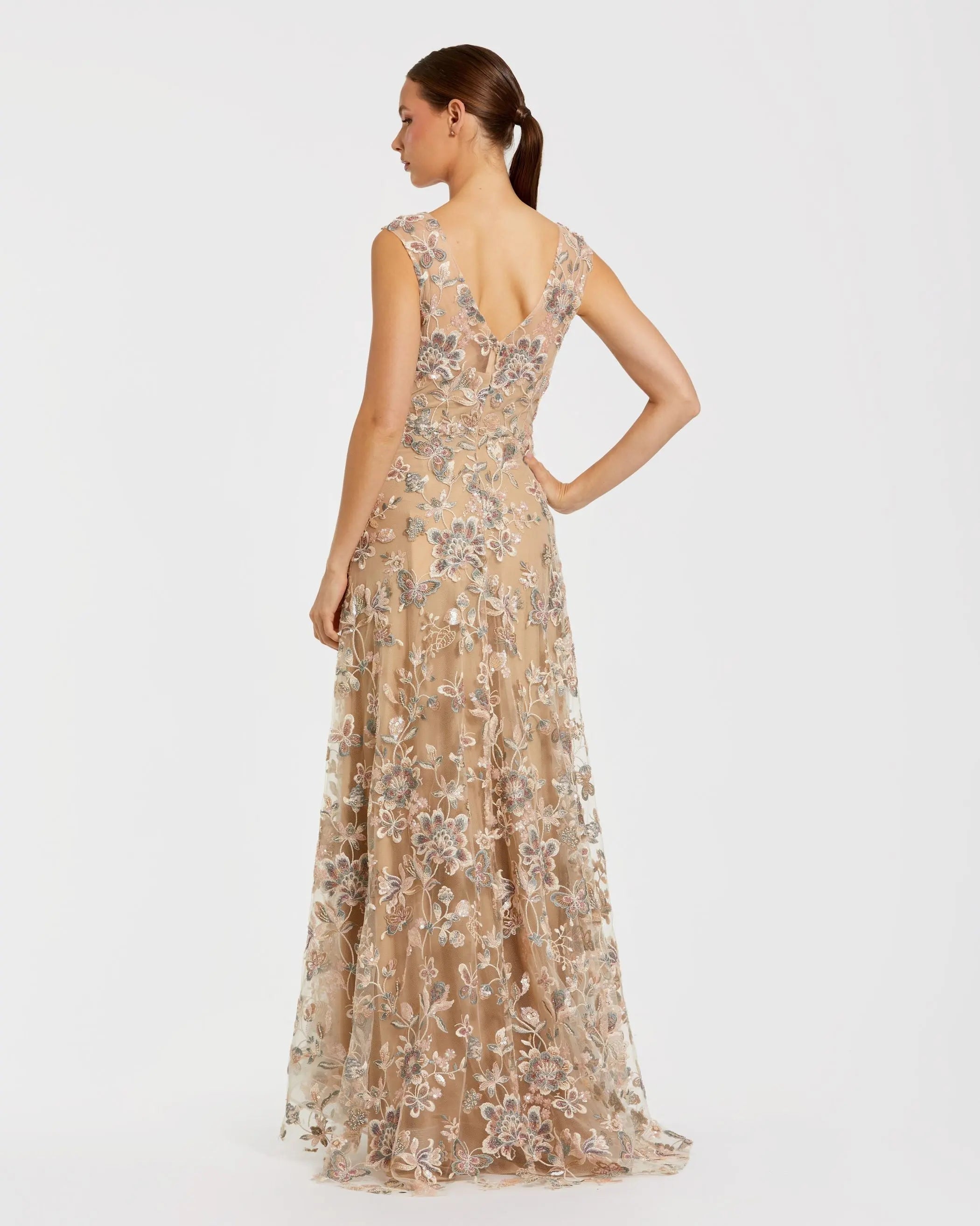Beige Floral Embroidered Sleeveless V Neck Gown