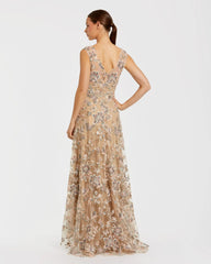 Beige Floral Embroidered Sleeveless V Neck Gown