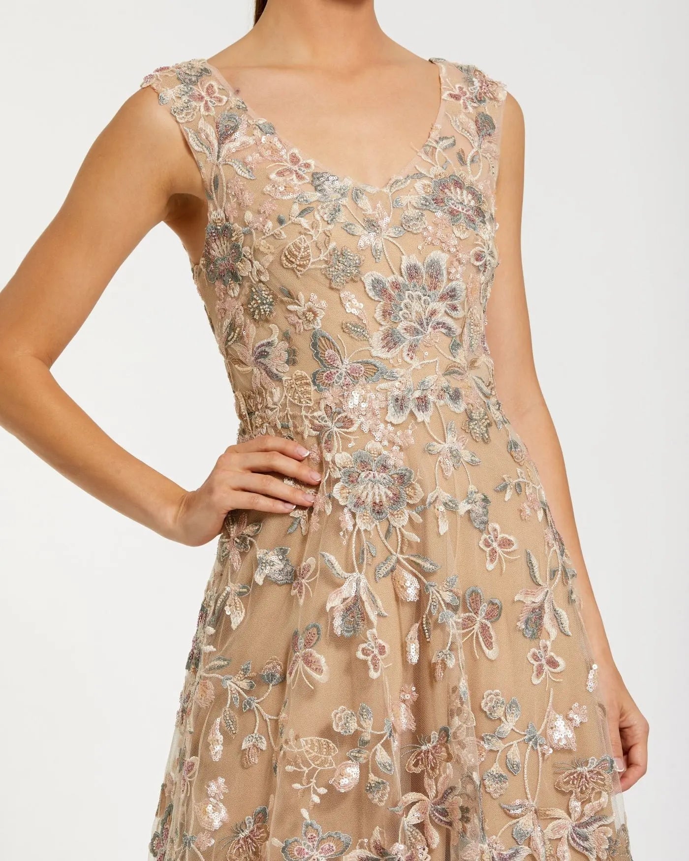 Beige Floral Embroidered Sleeveless V Neck Gown