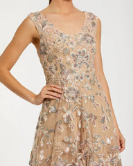 Beige Floral Embroidered Sleeveless V Neck Gown