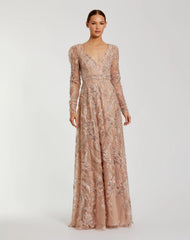 Embroidered Long Sleeve V Neck Gown