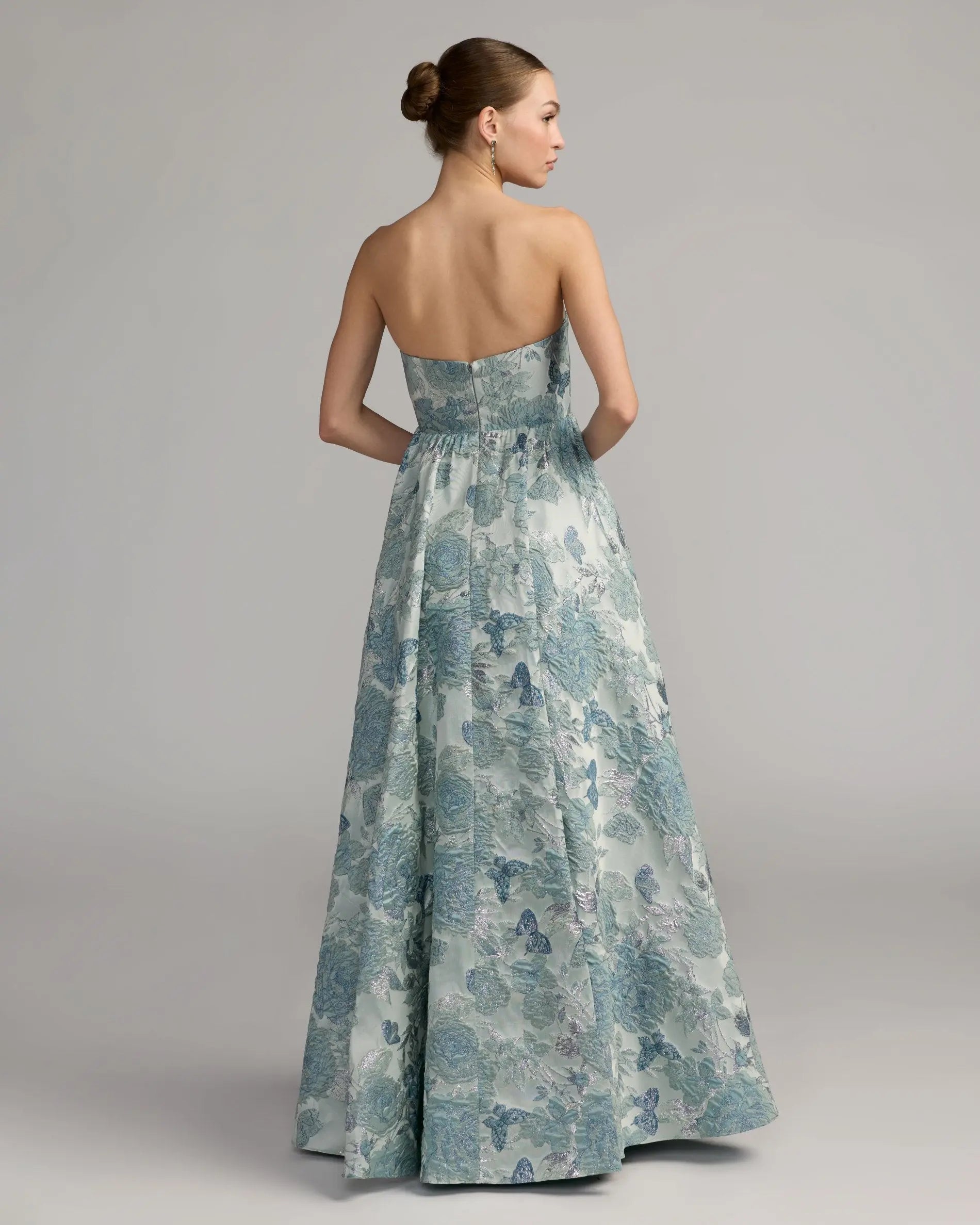 Blue Strapless Floral Brocade Ball Gown With Bow Detail