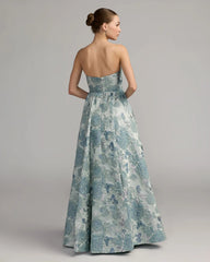 Blue Strapless Floral Brocade Ball Gown With Bow Detail
