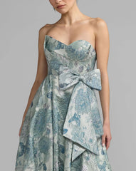Blue Strapless Floral Brocade Ball Gown With Bow Detail