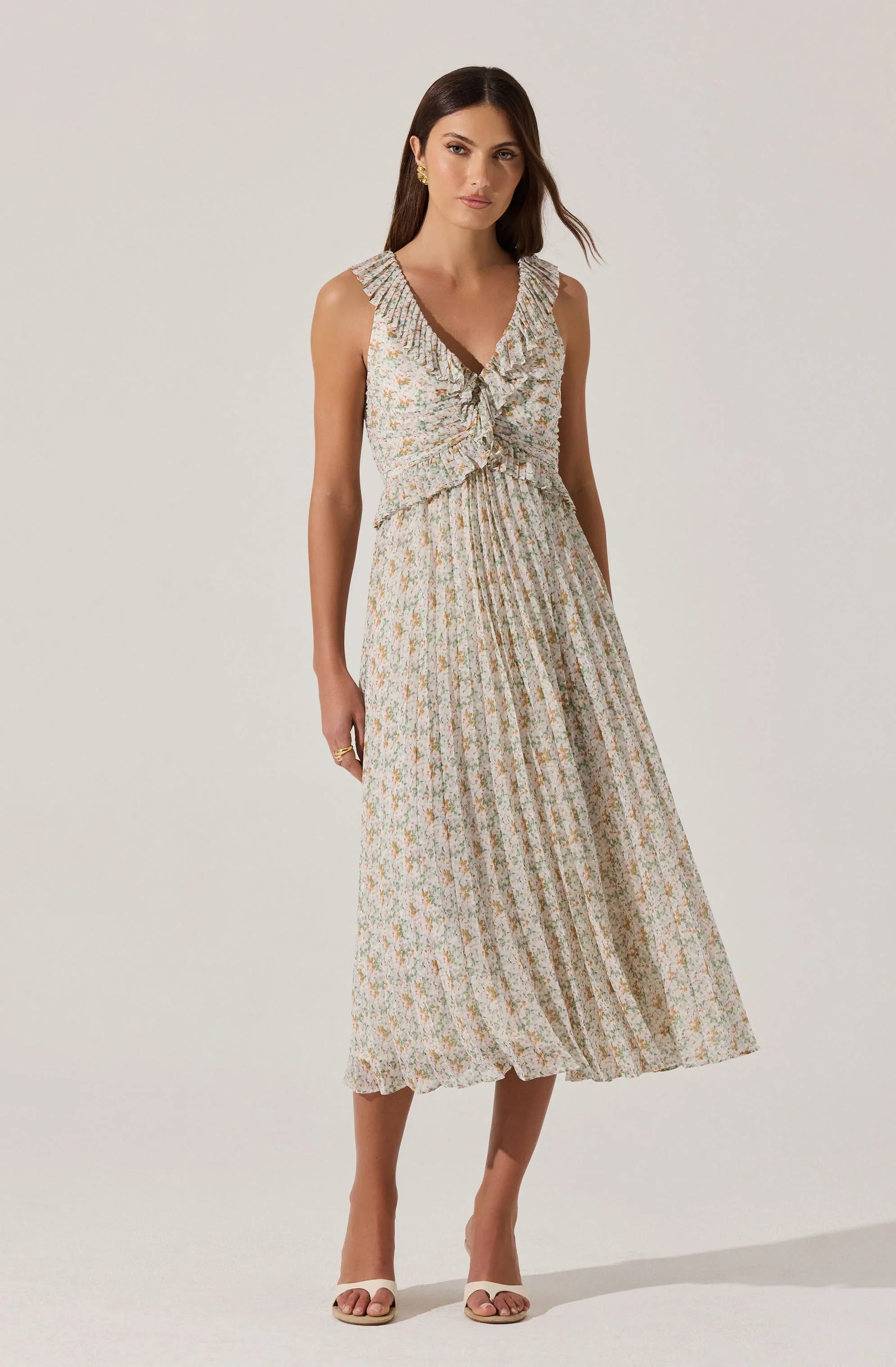 Lbruh Floral Ruffle Pleated Midi Dress