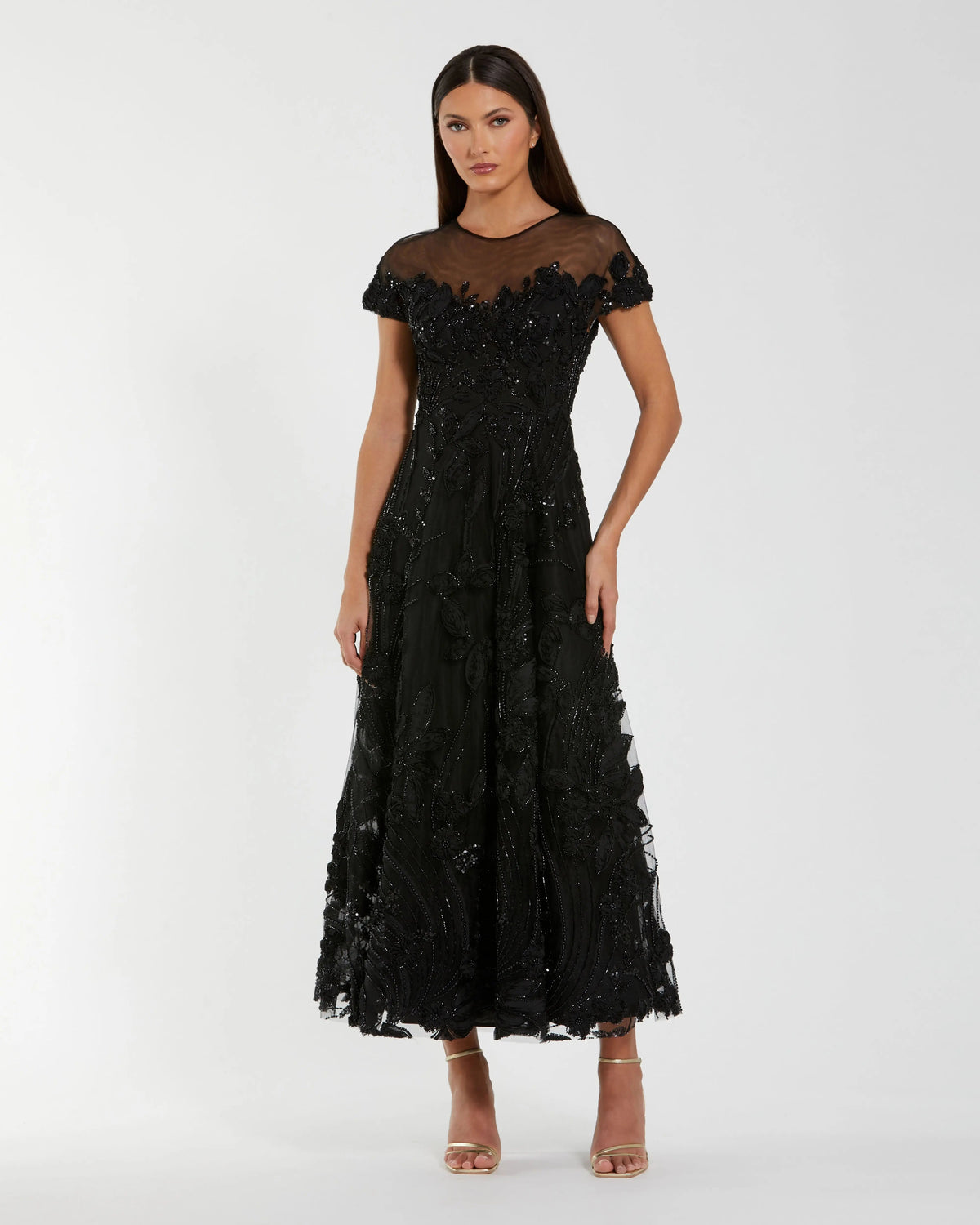 Black Embellished Lace Illusion Cocktail Dress