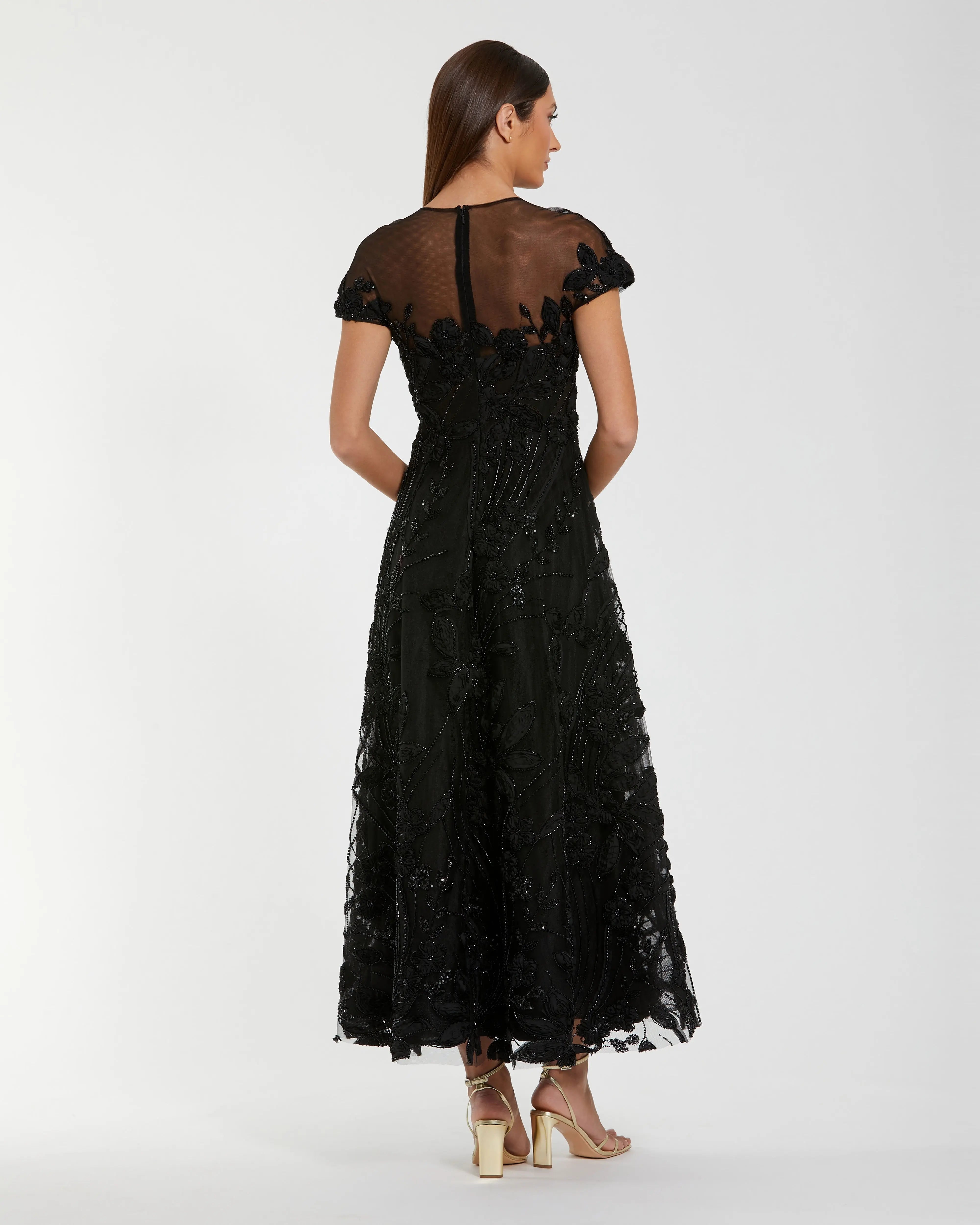 Black Embellished Lace Illusion Cocktail Dress