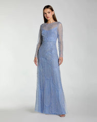 Blue Beaded High Neck Long Sleeve A Line Gown