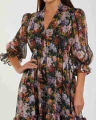 Black Floral Chiffon Ruffle Midi Dress
