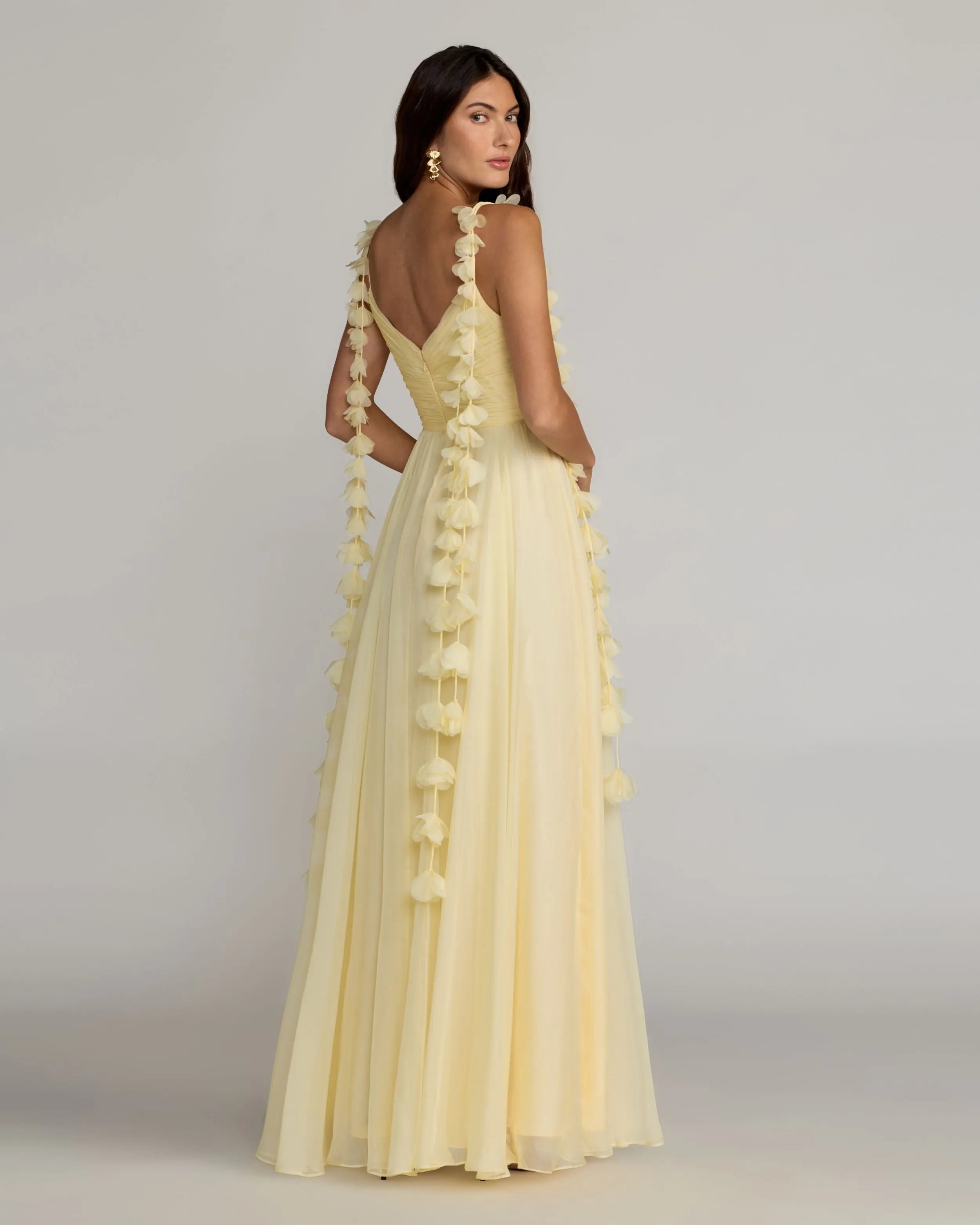 Yellow Chiffon A Line Gown With 3D Flower Straps