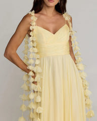 Yellow Chiffon A Line Gown With 3D Flower Straps