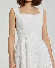White Embroidered Cotton A-Line Midi Dress