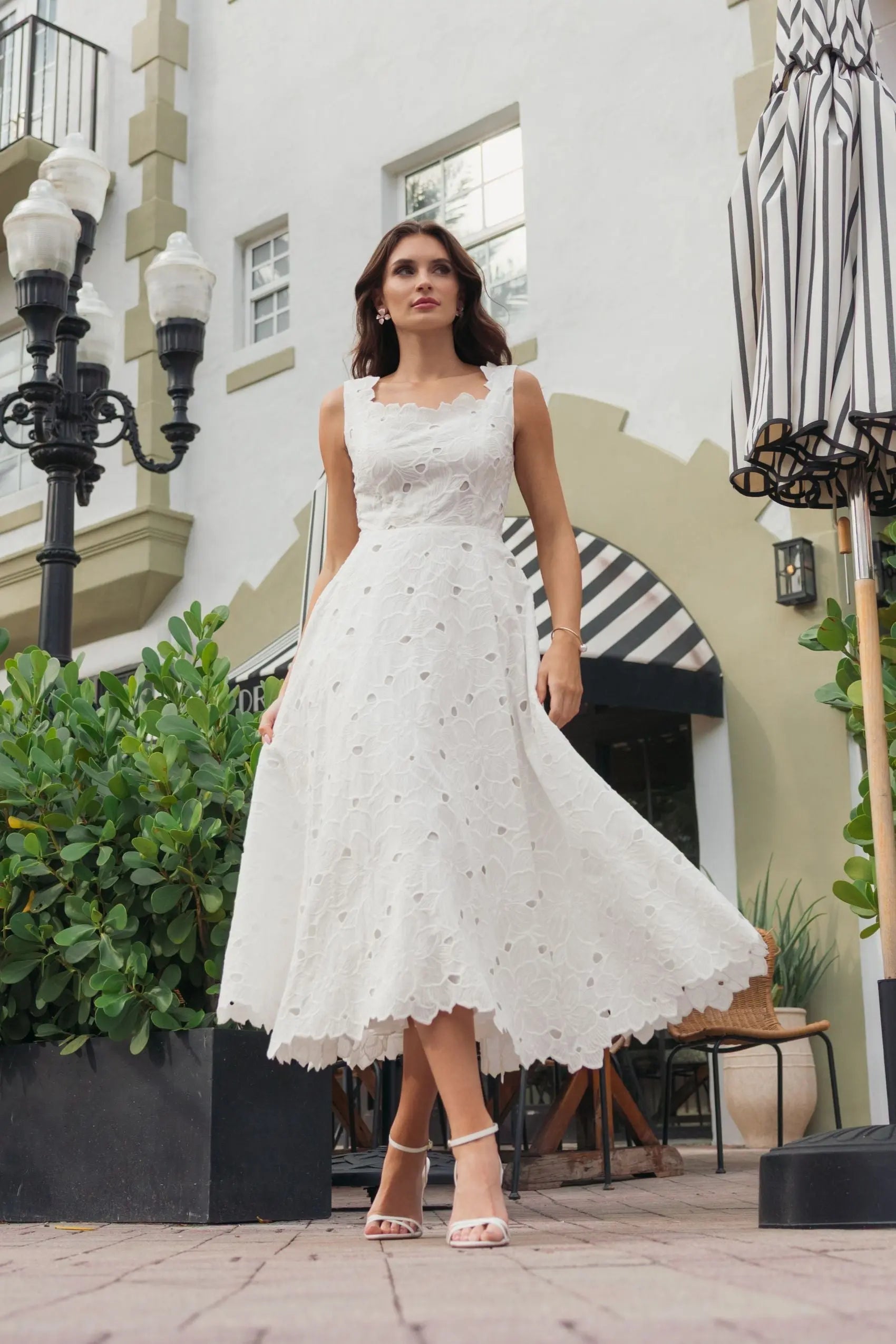 White Embroidered Cotton A-Line Midi Dress