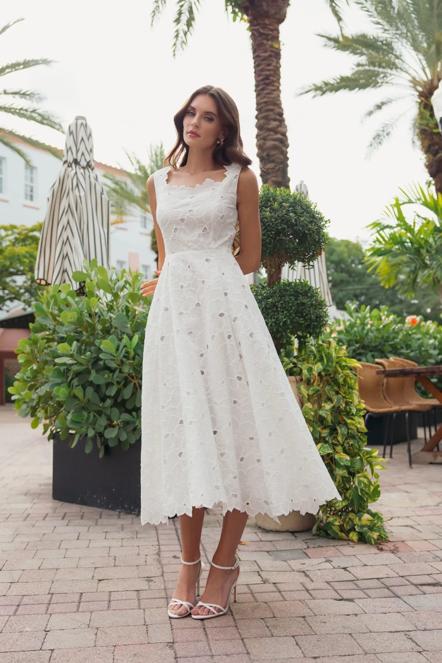 White Embroidered Cotton A-Line Midi Dress