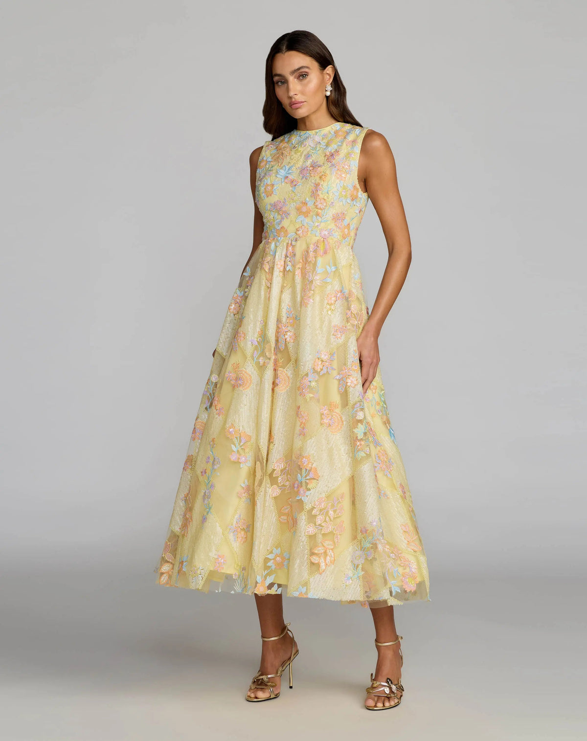 Yellow Sleeveless Embroidered A-Line Midi Dress
