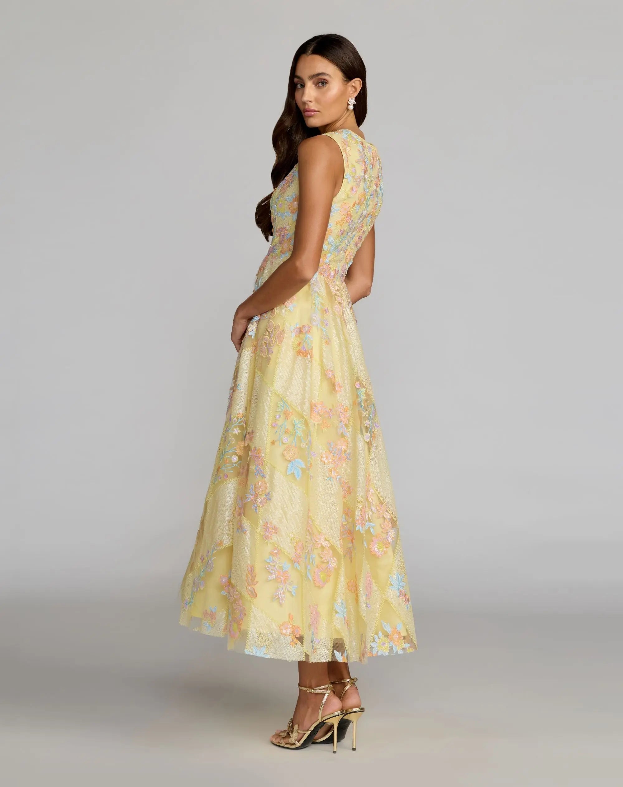 Yellow Sleeveless Embroidered A-Line Midi Dress