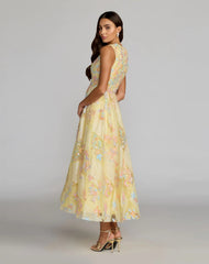 Yellow Sleeveless Embroidered A-Line Midi Dress