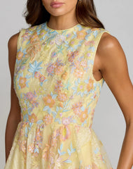 Yellow Sleeveless Embroidered A-Line Midi Dress