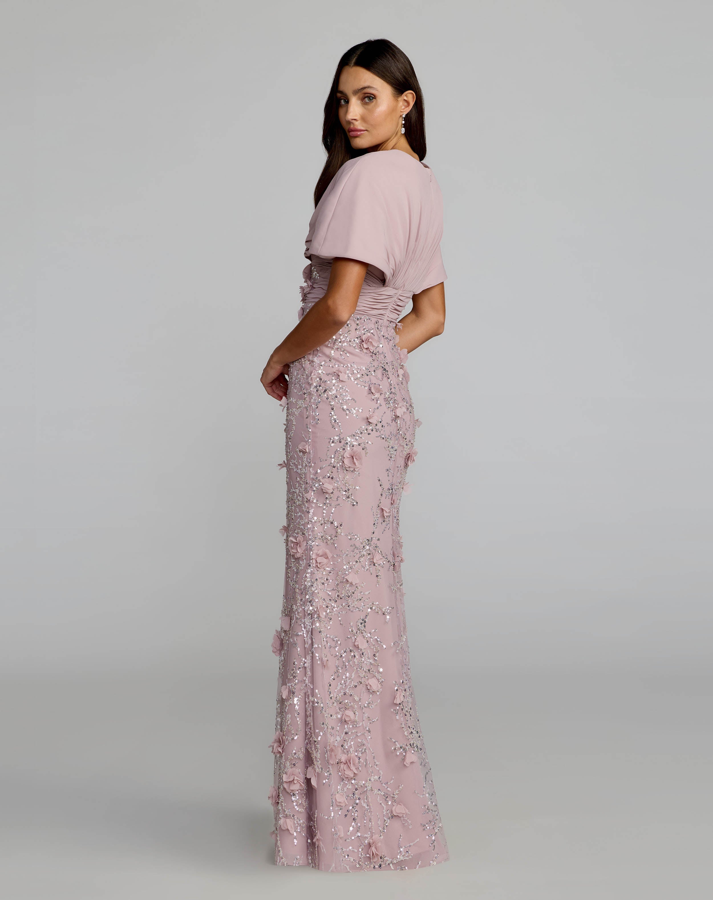 Purple Embellished Draped Cape Sleeve Gown