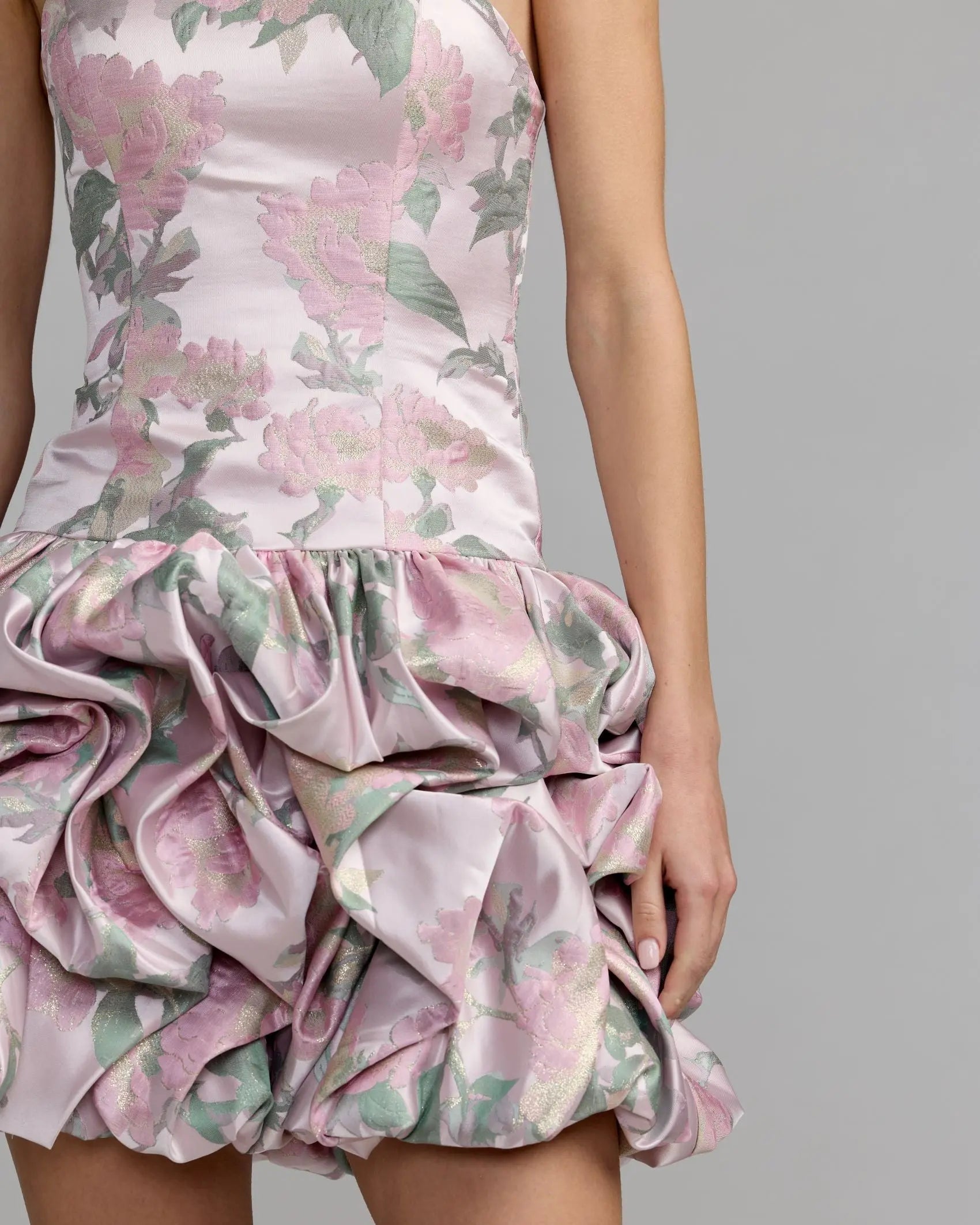 Pink Floral Strapless Bubble Hem Mini Dress