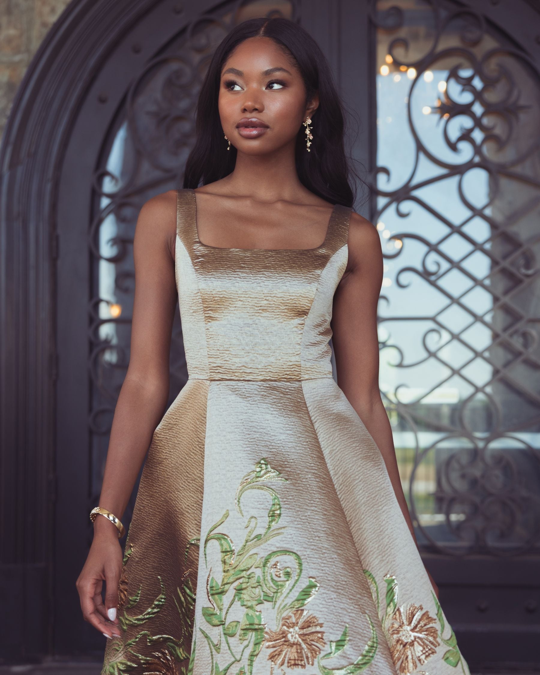 Gold Floral Brocade A-Line Midi Dress