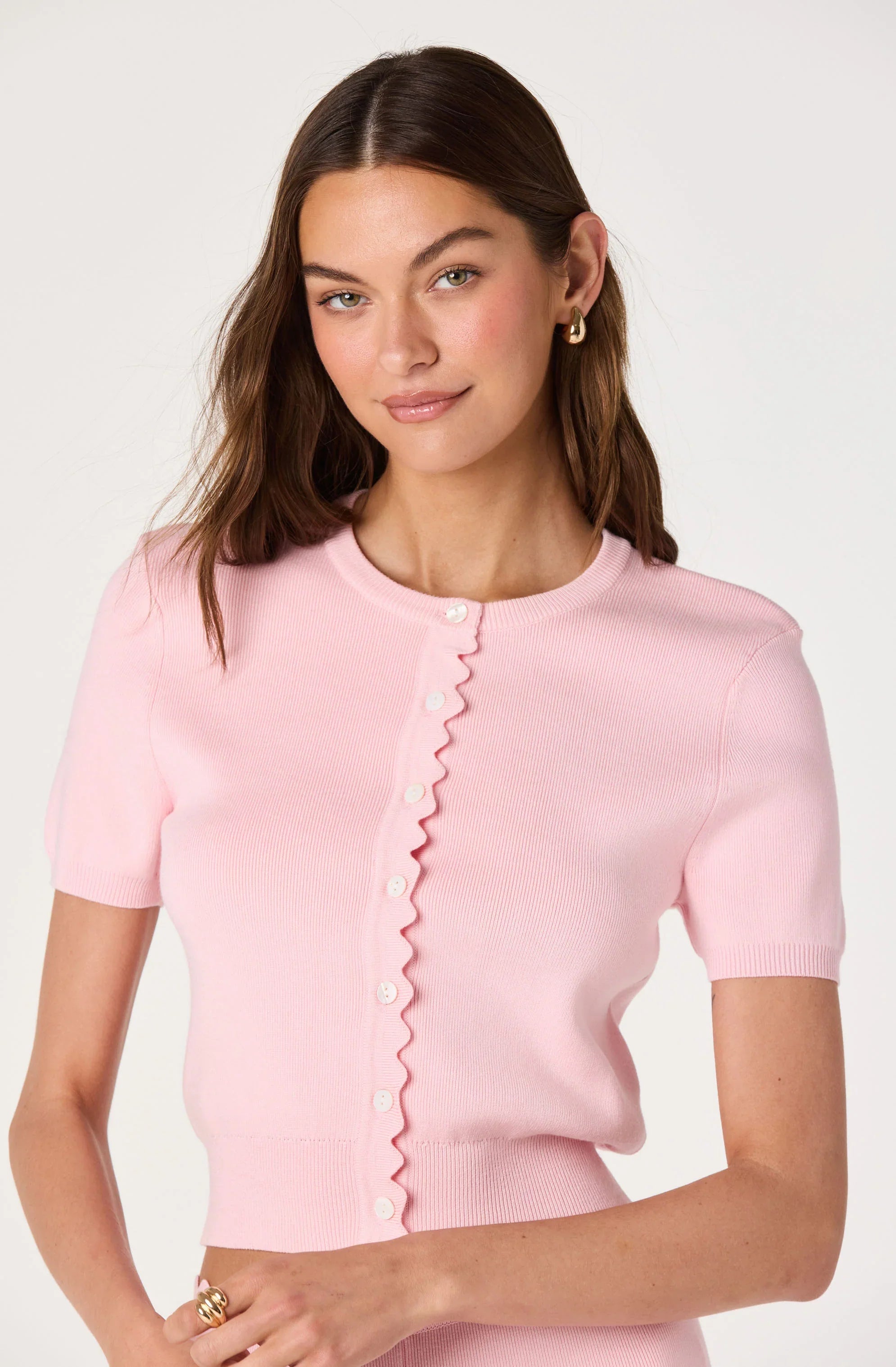 Inixyf Scalloped Placket Ribbed Cardigan
